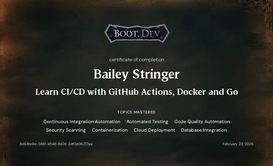 Bailey Stringer's Boot.dev Learn CI/CD with GitHub Actions, Docker and Go certificate