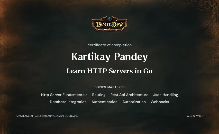 Kartikay Pandey's Boot.dev Learn HTTP Servers in Go certificate