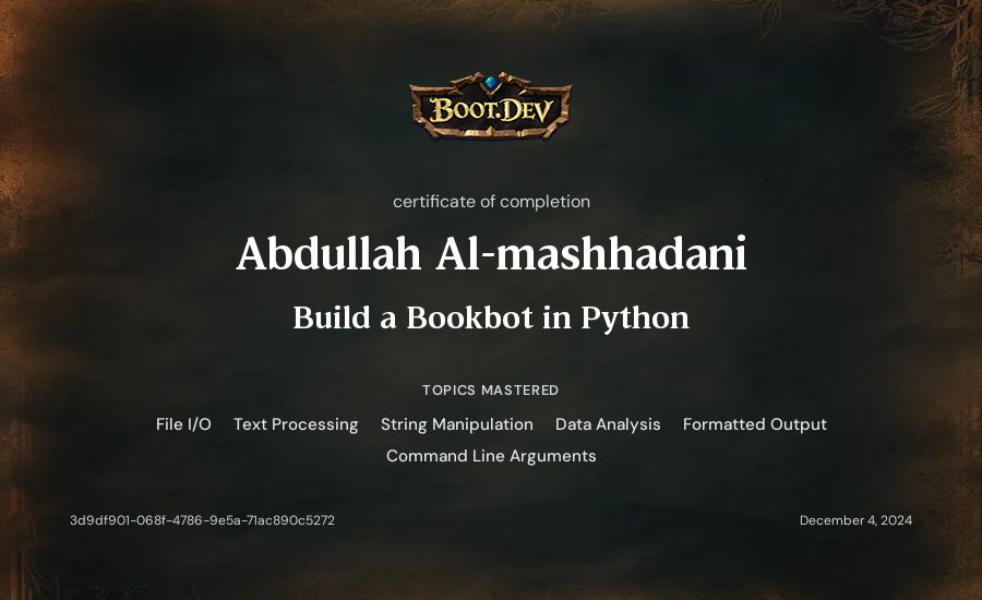 Abdullah Al-mashhadani's Boot.dev Build a BookBot in Python certificate