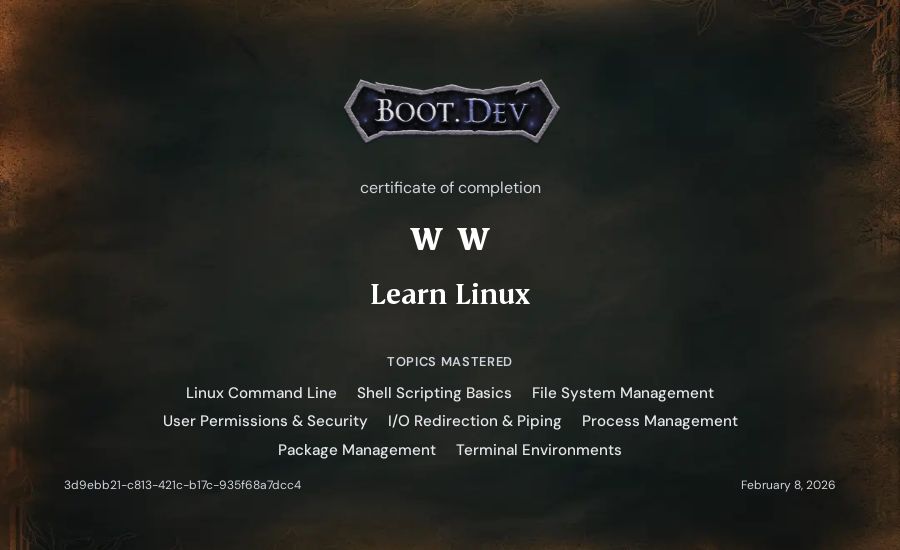 chubby cheeks's Boot.dev Learn Linux certificate