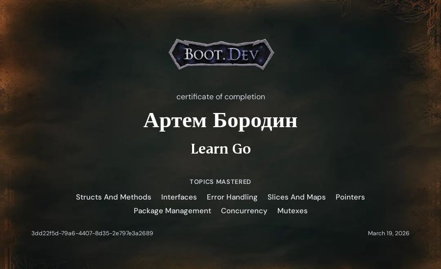 Артем Бородин's Boot.dev Learn Go certificate