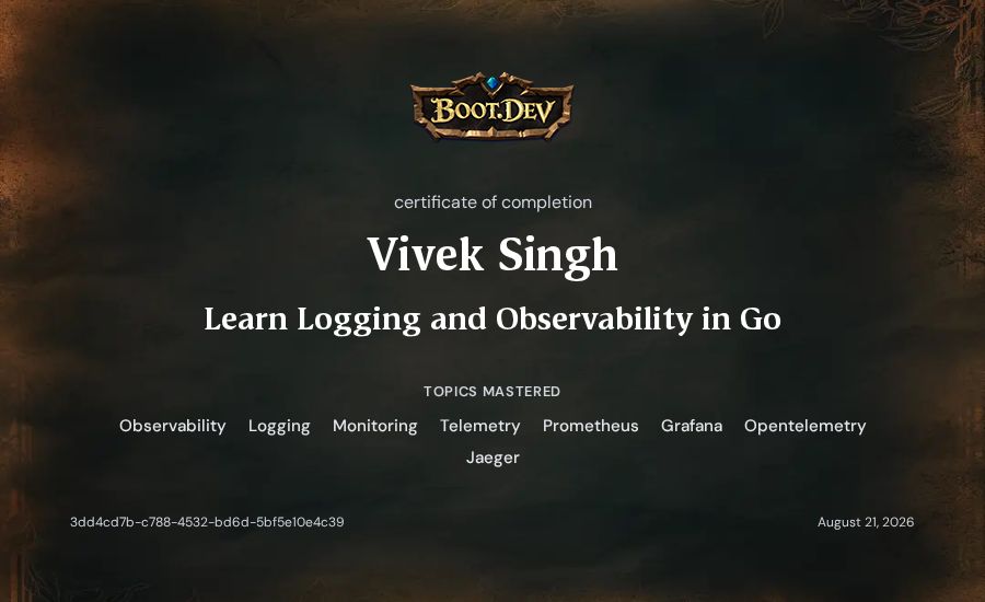 Vivek Singh's Boot.dev Learn Logging and Observability in Go certificate