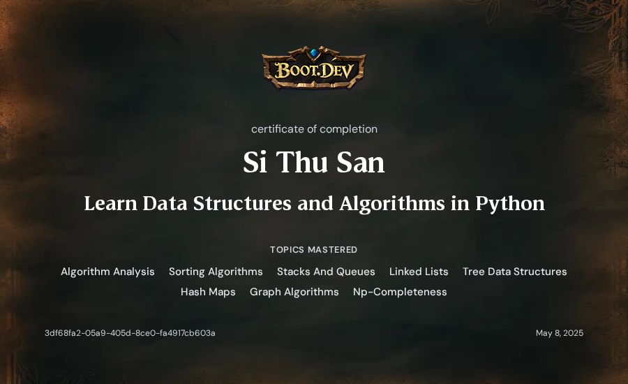 Si Thu San's Boot.dev Learn Data Structures and Algorithms in Python certificate