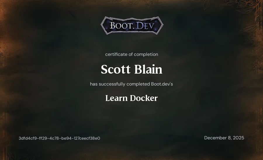 Scott Blain's Boot.dev Learn Docker certificate