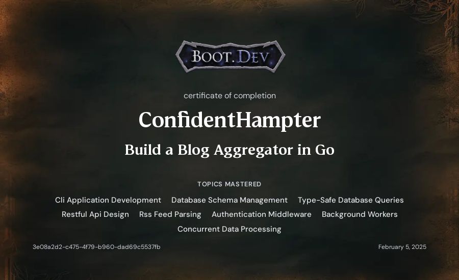 ConfidentHampter's Boot.dev Build a Blog Aggregator in Go certificate