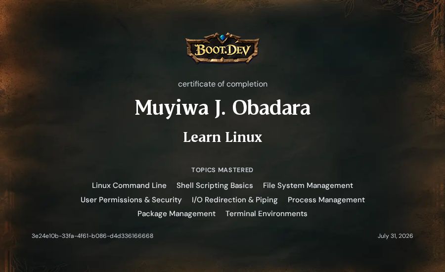 Muyiwa J. Obadara's Boot.dev Learn Linux certificate