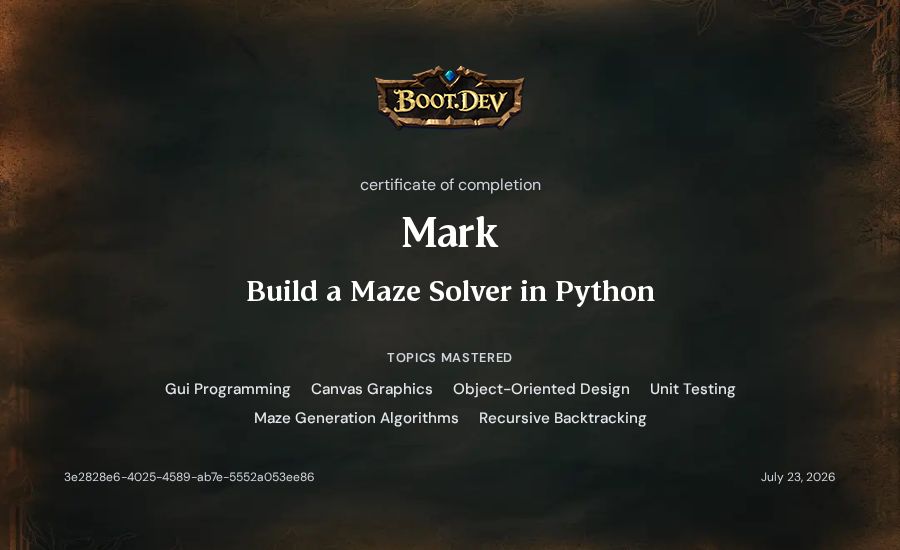 Mark's Boot.dev Build a Maze Solver in Python certificate