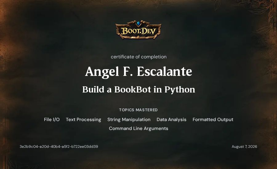 Angel F. Escalante's Boot.dev Build a BookBot in Python certificate