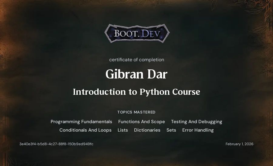 Gibran Dar's Boot.dev Introduction to Python Course certificate