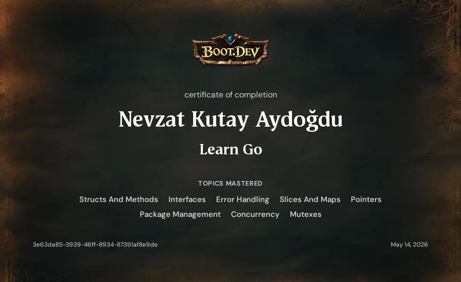 Nevzat Kutay Aydoğdu's Boot.dev Learn Go certificate