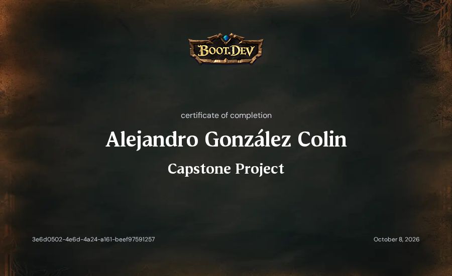 Alejandro González Colin's Boot.dev Capstone Project certificate