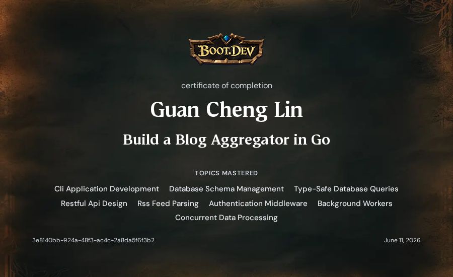 Guan Cheng Lin's Boot.dev Build a Blog Aggregator in Go certificate