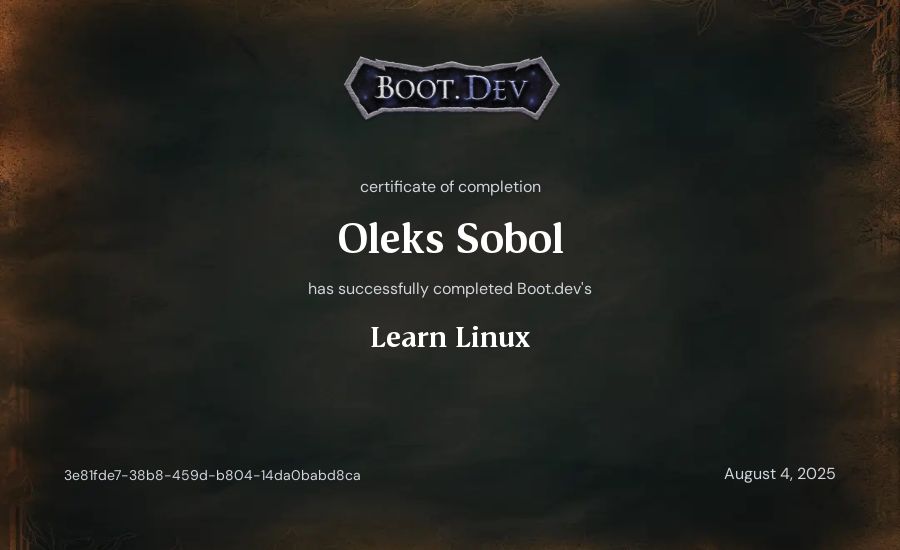 Oleks Sobol's Boot.dev Learn Linux certificate
