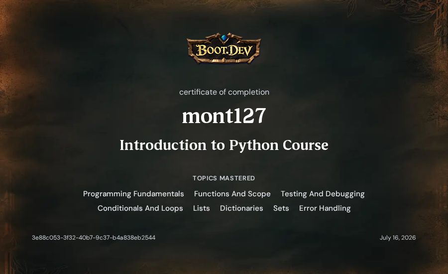 mont127's Boot.dev Introduction to Python Course certificate