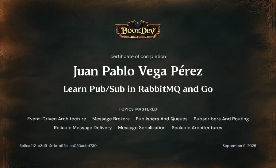 Juan Pablo Vega Pérez's Boot.dev Learn Pub/Sub in RabbitMQ and Go certificate