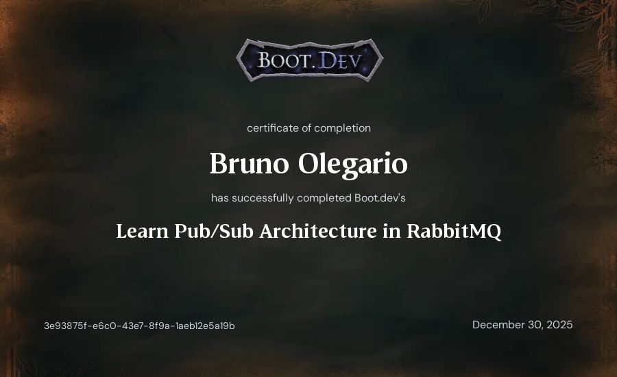Bruno Olegario's Boot.dev Learn Pub/Sub in RabbitMQ and TypeScript certificate