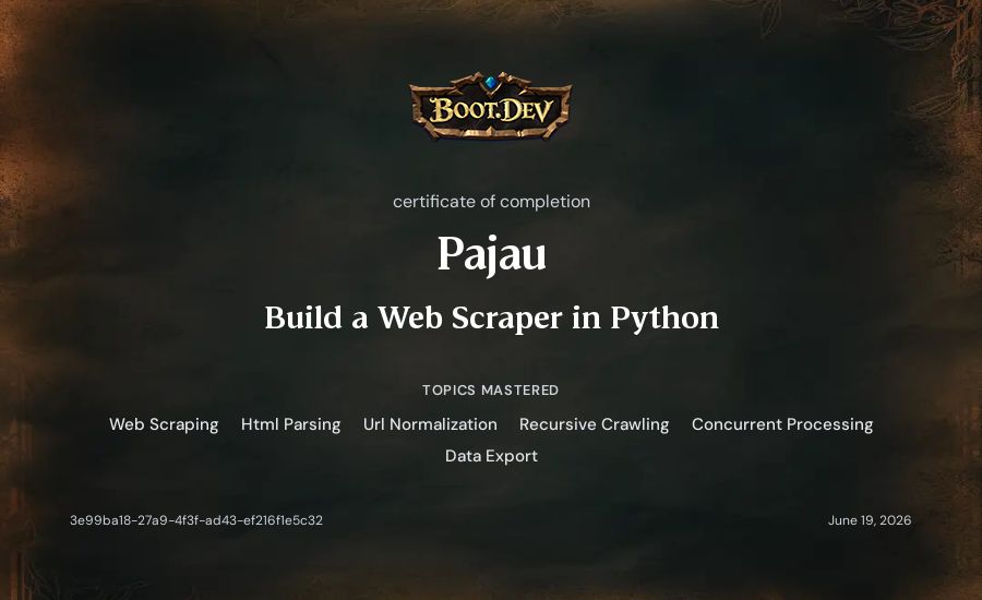Pajau's Boot.dev Build a Web Scraper in Python certificate