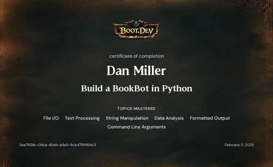 Dan Miller's Boot.dev Build a BookBot in Python certificate