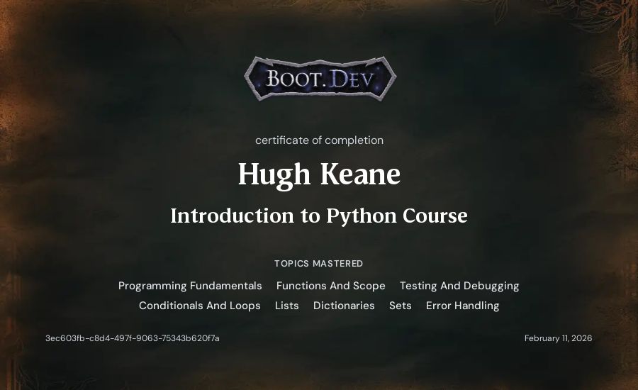 Hugh's Boot.dev Introduction to Python Course certificate