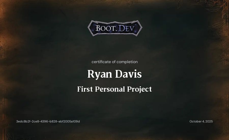 Ryan Davis's Boot.dev First Personal Project certificate