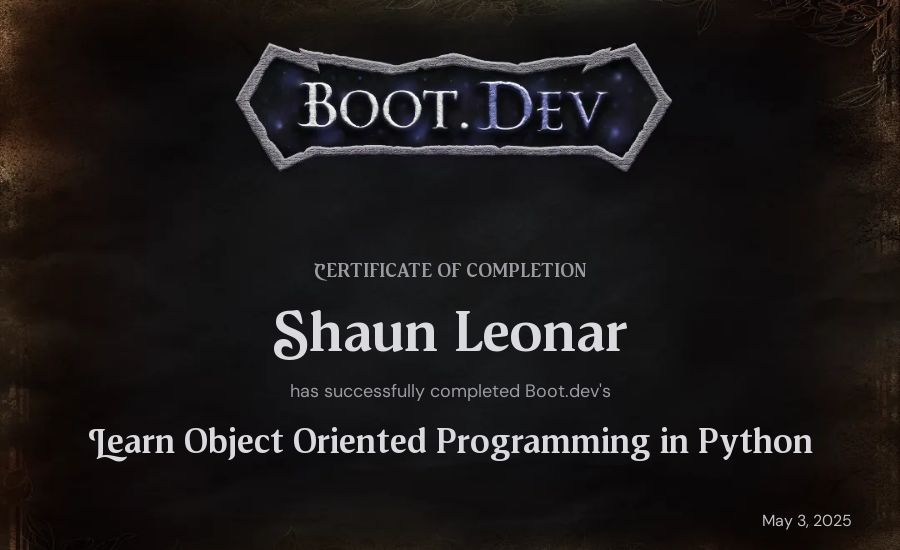 Shaun Leonar's Boot.dev Learn Object Oriented Programming in Python certificate