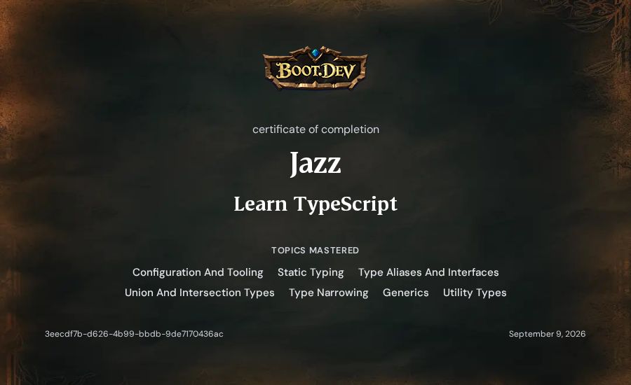 Jazz's Boot.dev Learn TypeScript certificate