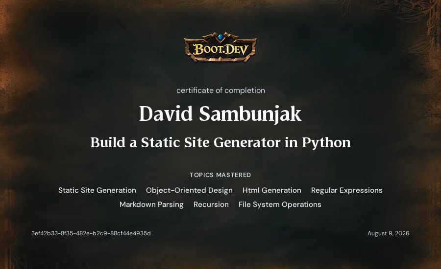 David Sambunjak's Boot.dev Build a Static Site Generator in Python certificate