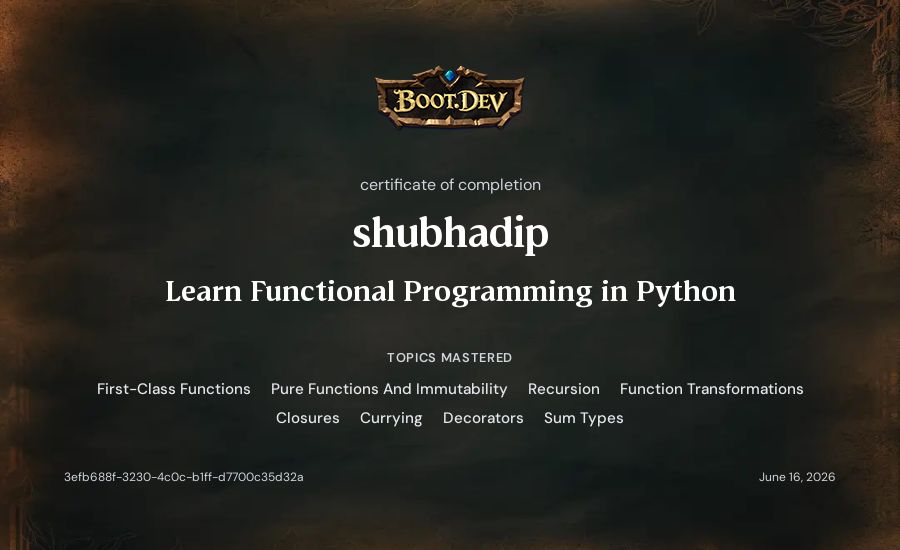 shubhadip's Boot.dev Learn Functional Programming in Python certificate