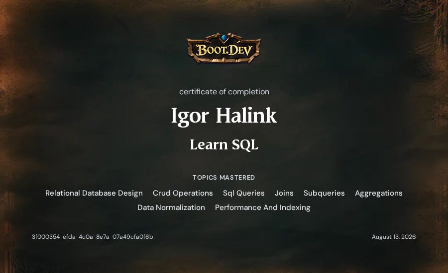 Igor Halink's Boot.dev Learn SQL certificate