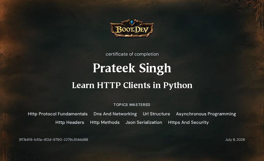 Prateek Singh's Boot.dev Learn HTTP Clients in Python certificate