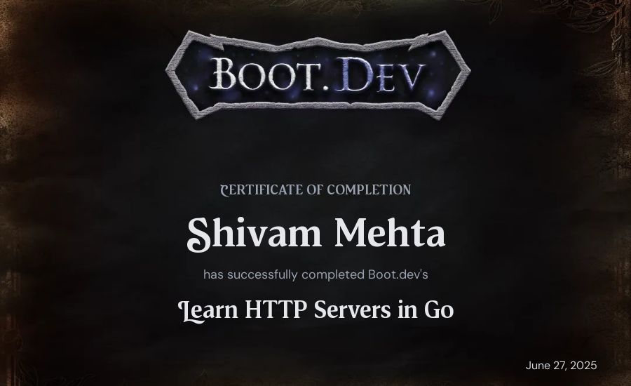 Shivam Mehta's Boot.dev Learn HTTP Servers in Go certificate
