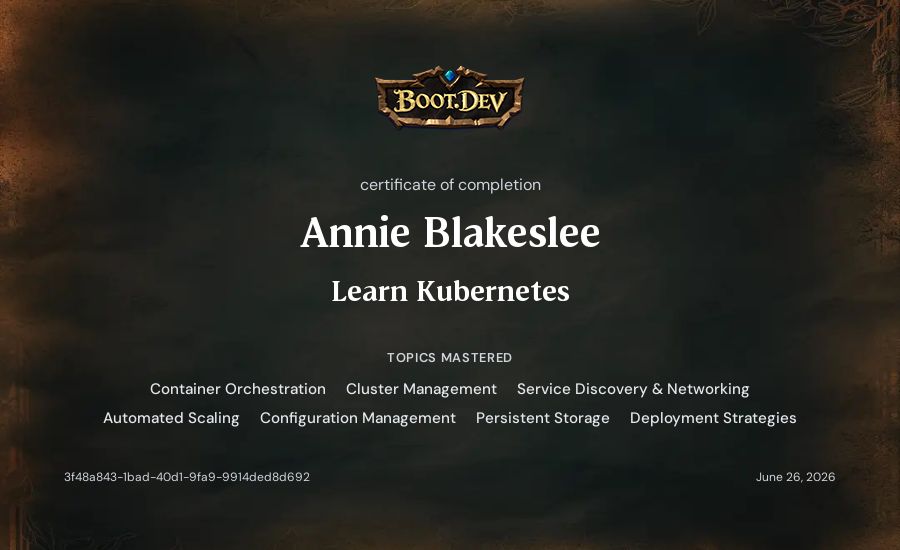 Annie Blakeslee's Boot.dev Learn Kubernetes certificate