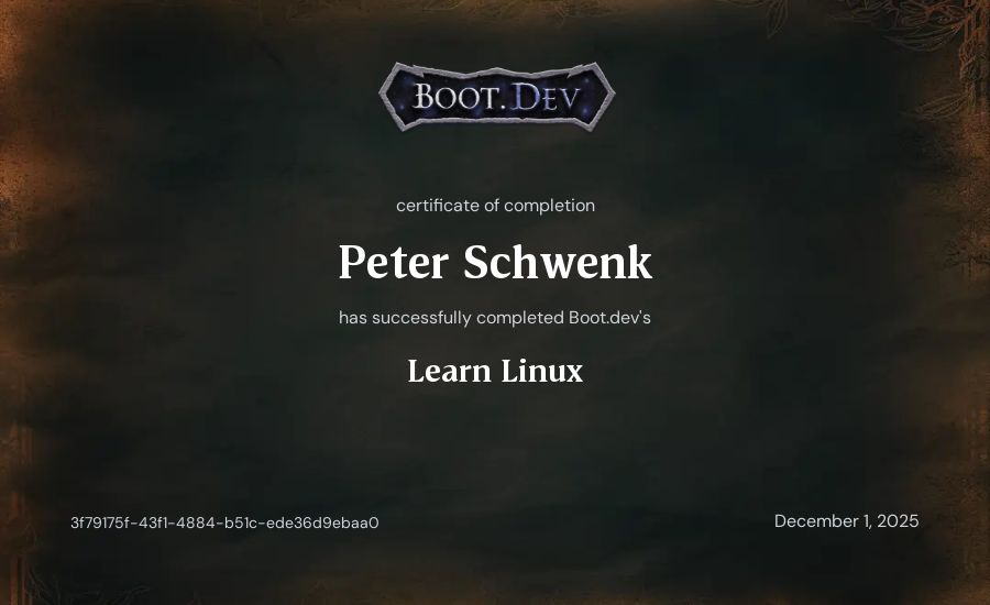 Peter Schwenk's Boot.dev Learn Linux certificate