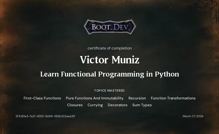 Victor Muniz's Boot.dev Learn Functional Programming in Python certificate