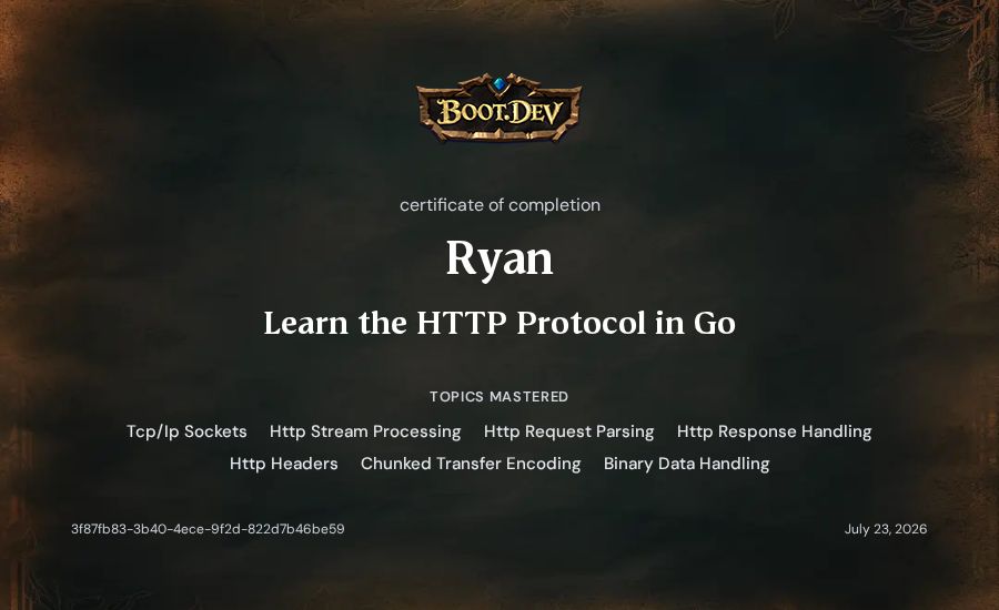 Ryan's Boot.dev Learn the HTTP Protocol in Go certificate