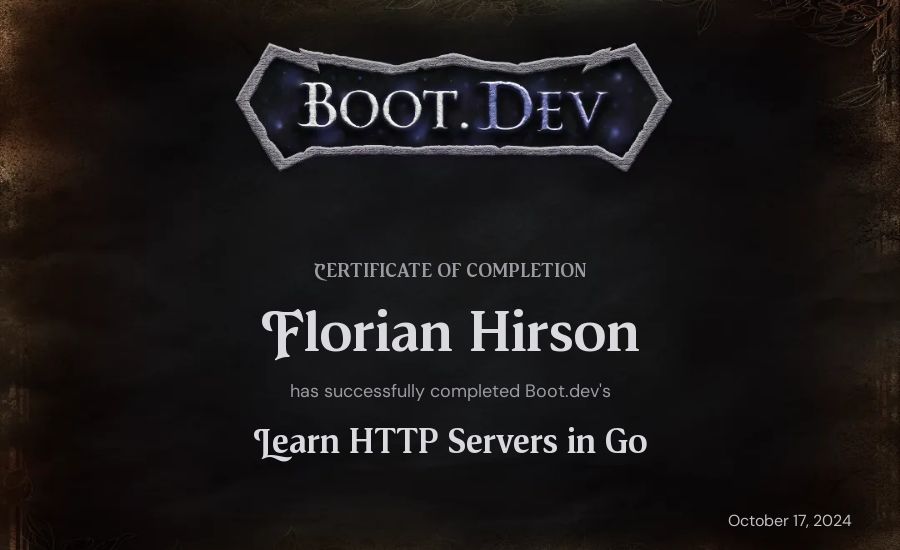 Florian Hirson's Boot.dev Learn HTTP Servers in Go certificate