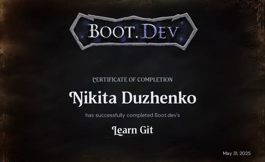Nikita Duzhenko's Boot.dev Learn Git certificate