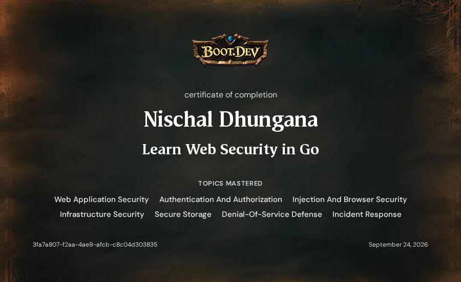 Nischal Dhungana's Boot.dev Learn Web Security in Go certificate