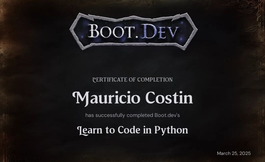 Mauricio Costin's Boot.dev Introduction to Python Course certificate