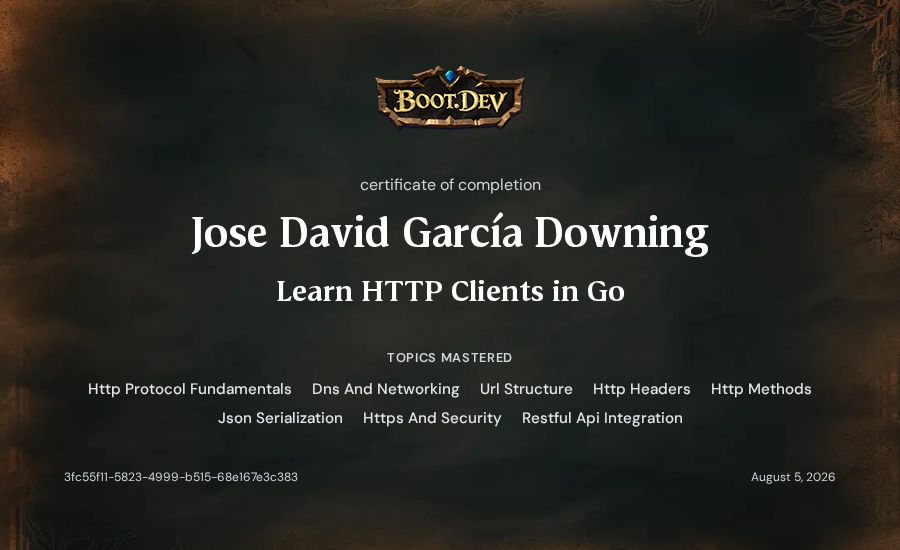 Jose David García Downing's Boot.dev Learn HTTP Clients in Go certificate