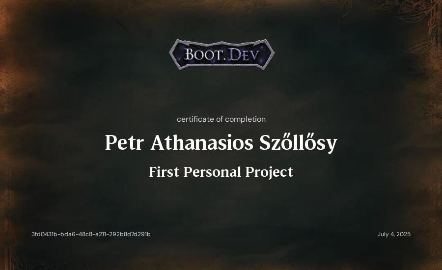 Petr Athanasios Szőllősy's Boot.dev First Personal Project certificate