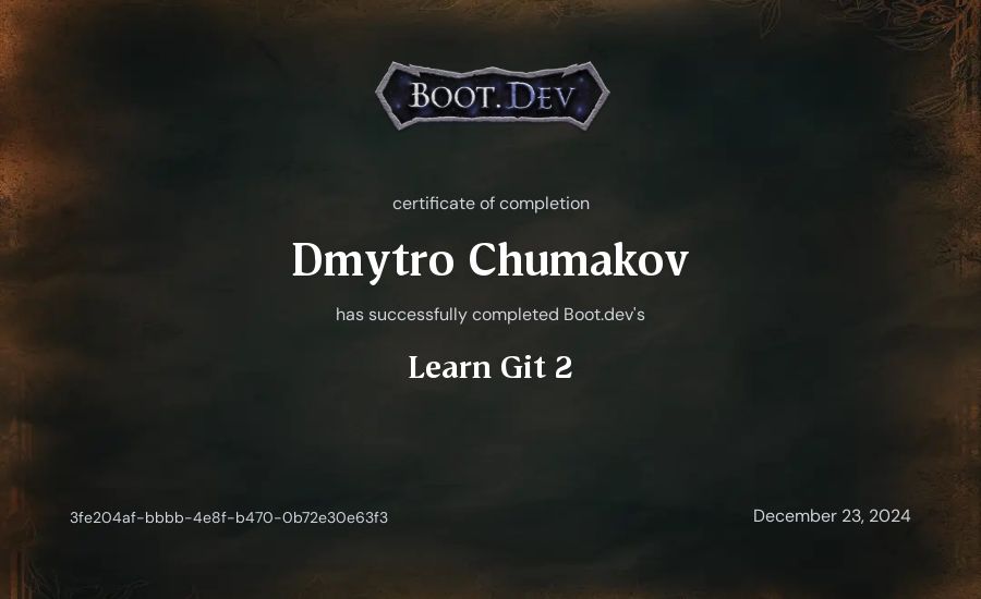 Dmytro Chumakov's Boot.dev Learn Git 2 certificate
