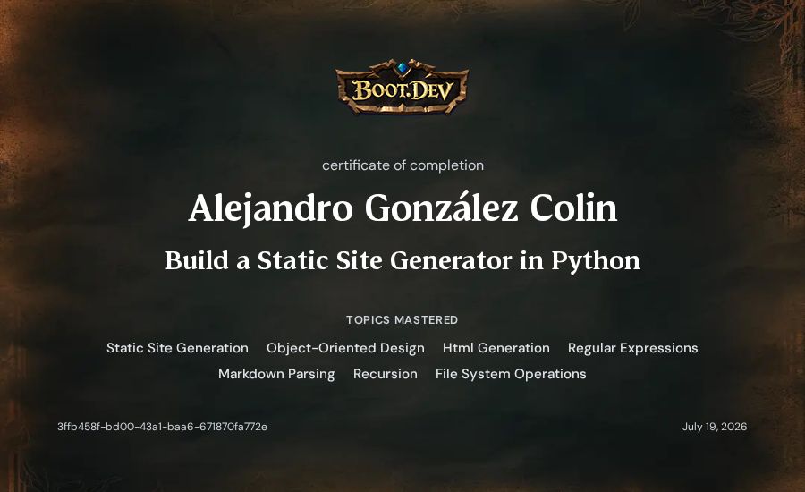 Alejandro González Colin's Boot.dev Build a Static Site Generator in Python certificate