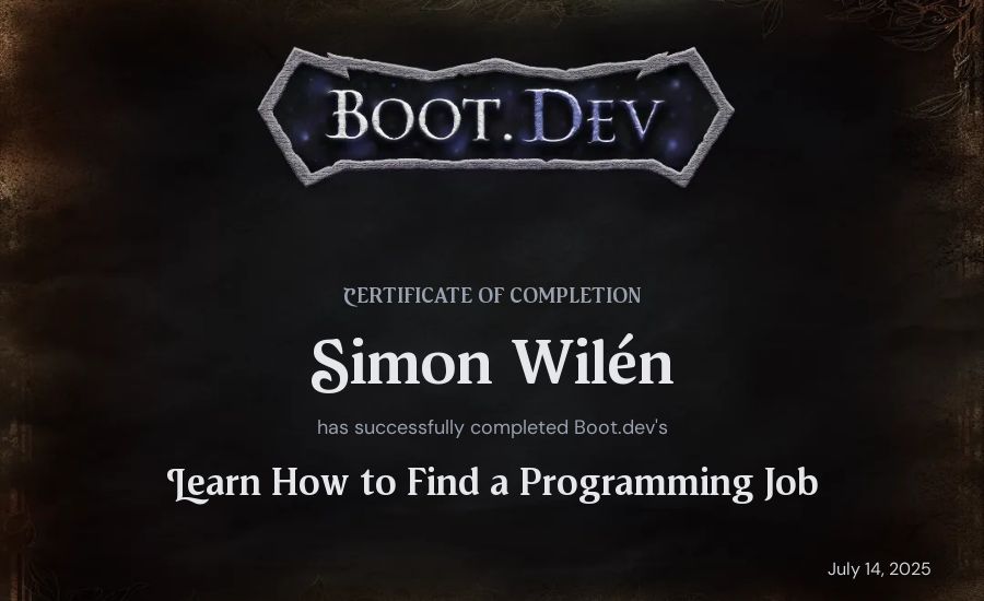 Simon Wilén's Boot.dev Learn How to Find a Programming Job certificate