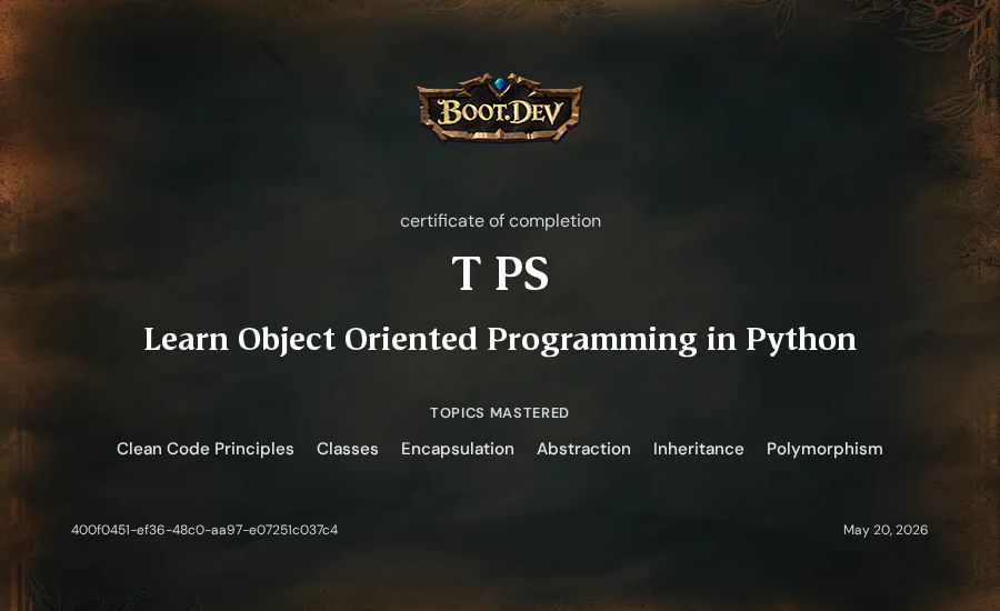 T PS's Boot.dev Learn Object Oriented Programming in Python certificate