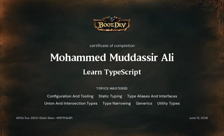Mohammed Muddassir Ali's Boot.dev Learn TypeScript certificate