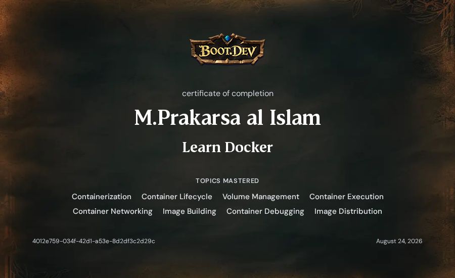 M.Prakarsa al Islam's Boot.dev Learn Docker certificate