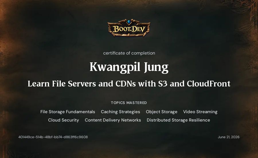 Kwangpil Jung's Boot.dev Learn File Servers and CDNs with S3 and CloudFront certificate