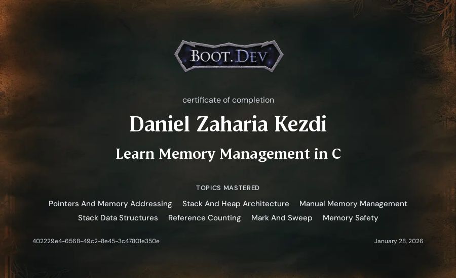 Daniel Zaharia Kezdi's Boot.dev Learn Memory Management in C certificate