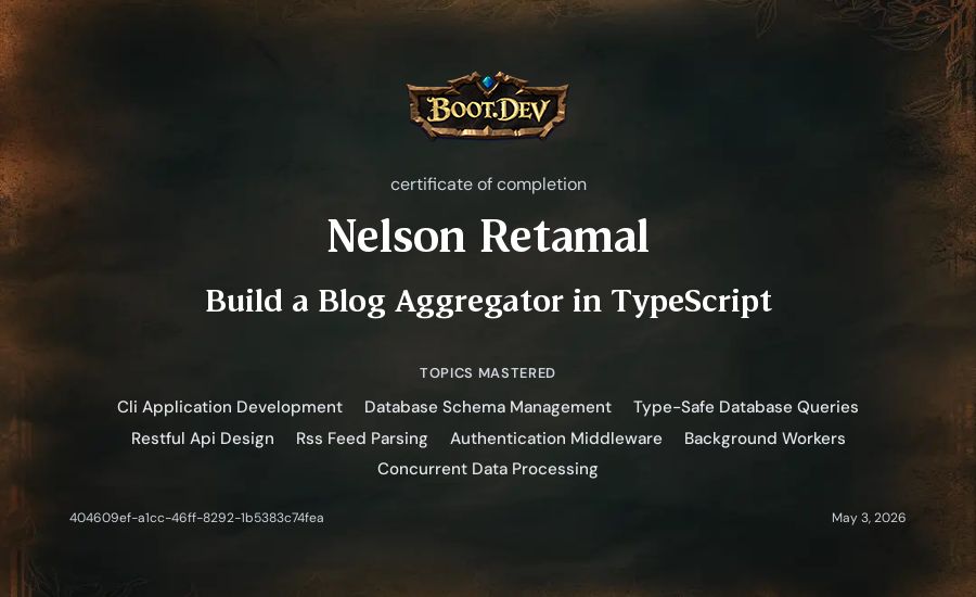Nelson Retamal's Boot.dev Build a Blog Aggregator in TypeScript certificate